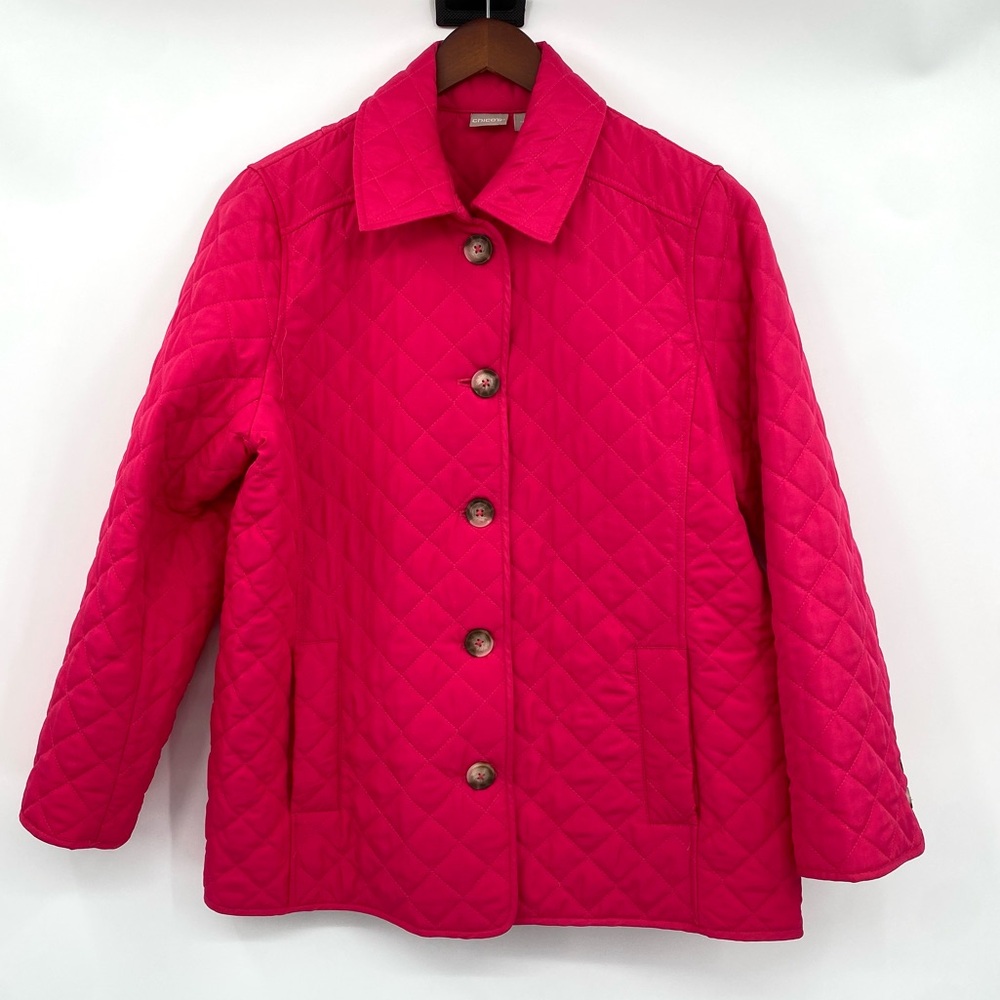 Chico’s Jacket Women’s 2 Large 12/14 Hot Pink Quilted Button Up Collared